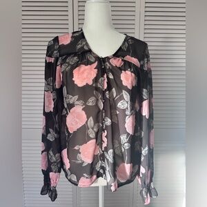 Guess Black Blouse with Pink Floral Accent Small